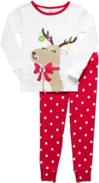 Carter's Girls Glitter Polkadot Reindeer Snug-fit Pajama Set 12 Months - white/red  size 3T