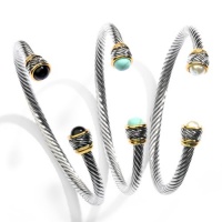 Twisted Cable Cuff Bracelet with Colored Stone. 5mm. Onyx, Jade or Pearl