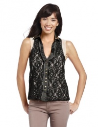 XOXO Juniors Sleeveless Contrast Collar and Placket Lace Top, Black, Medium