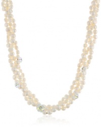 3 Row White Freshwater Pearl and Swarovski Elements Crystal Buttons with Gold Tone Chain and Clasp Necklace, 18+3