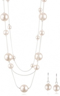 Colored Simulated Pearl Illusion Chain Earrings and Necklace Set, 16+2