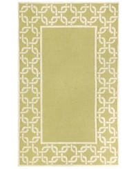 A traditional graphic set in a creamy, muted sage background makes this Promenade area rug the perfect update indoors or out. UV stabilized to minimize fading, the fashion-forward, durable, easy-to-clean rug is sure to put a little pop of color wherever placed.