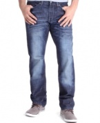 Jeans with a very particular patina: Royal Premium Denim's five-pocket jeans with the kind of sun-faded contrast wash and wrinkle treatment that makes them look like old favorites.