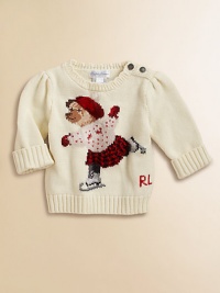 An essential cotton crewneck design features an adorable intarsia-knit skating bear and snowflake buttons along the shoulder.Ribbed crewneckLong puff sleevesShoulder buttonsCottonMachine washImported Please note: Number of buttons may vary depending on size ordered. 