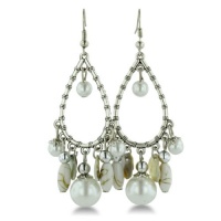 White Beaded Faux Pearl Silver Plated 2.5 Inch Dangle Pear Drop Earrings