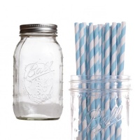 Dress My Cupcake DMC432741 Ball Mason Pint Jars with Paper Straws Party Drink Kit, Baby Blue Striped, Set of 12