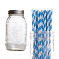 Dress My Cupcake DMC432742 Ball Mason Pint Jars with Paper Straws Party Drink Kit, Blue Striped, Set of 12