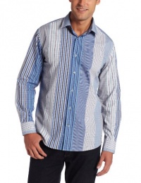 John Henry Men's Long Sleeve Stripe Shirt, Blue, Large