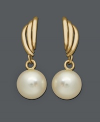 Polished pearls with vintage flair. These elegant earrings feature cultured freshwater pearls (7-1/2-8 mm) suspended from a timeless 14k gold setting. Approximate drop: 7/8 inch.