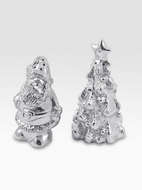 Get into the spirit of the season with these charming salt-and-pepper shakers, handcrafted from recycled aluminum in the shapes of Santa and a Christmas tree. Includes one salt and one pepper shakerRecycled aluminumEach: 4½H X 2½ diam.Hand washImported