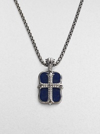 An original design pairs two sterling silver pendants on a single strand. The cross pendant is crafted with pavé diamond detail, and the larger features smooth lapis inlay. Sterling silver Pavé diamonds Lapis Pendant: 1 long Necklace: 24 long Lobster clasp closure Imported 