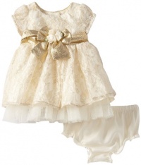 Youngland Baby-Girls Newborn Lace Dress with Bow and Matching Panty, Ivory/Gold, 6-9 Months