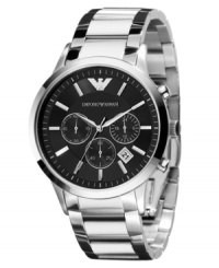 This Emporio Armani watch uses sleek lines to emphasize modern, seamless style. Stainless steel bracelet and round case. Black chronograph sunray dial with silvertone stick indices, logo, date window and three subdials. Quartz movement. Water resistant to 50 meters. Two-year limited warranty.