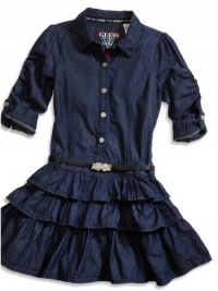 GUESS Kids Girls Big Girl Rolled Sleeves Denim Dress, DARK STONE WASH (14)