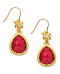 A bouquet beauty. These teardrop earrings from Juicy Couture captivate with floral accents embellished with clear glass stones, sitting atop a faceted ruby-hued glass teardrop. Crafted in 14k gold-plated mixed metal. Approximate drop: 1-1/4 inches.