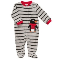 Carters Infant Boys Grey Striped Penguin Footed Microfleece Sleep & Play, Newborn