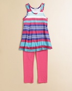 Colorful stripes adorn an oh-so-easy tunic-length tank paired with solid color leggings for one of her favorite looks.Scoop necklineSleevelessSlight cutaway shouldersSubtly flared shapeElastic-waist solid leggingsMicro modalMachine washMade in USATop; pattern varies