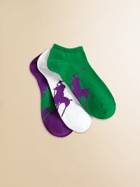 An oversized version of the polo player logo is colorfully knit into the soles of three pairs of sturdy, cotton-y ankle socks.72% cotton/26% nylon/2% spandexMachine washImported