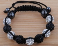 10mm Black & White Crystals Macrame 9pcs Beaded Shamballa Ball Adjustable Bracelet