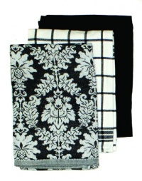 Ritz  Damask Egyptian Flat Kitchen Towel Set, Black, 3-Piece