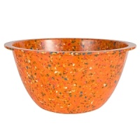 This bowl is made of recycled durable melamine. It would make a fun addition to any kitchen. The bowl is durable enough to use with an electric mixer. Stain resistant.