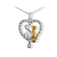 Sterling Silver Diamond Cat in Heart Pendant (.08ct tw)