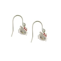 Sanrio Sterling Silver Hello Kitty w/Red Bow Enamel Dangle Drop Earrings