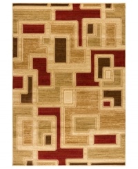 A modern, abstract design is rendered in muted crimson, golds and earthy colors in the Northport area rug for a sophisticated accent anywhere. Made in the USA of dense, yet luxuriously soft polypropylene, this area rug withstands heavy traffic with enduring style. (Clearance)