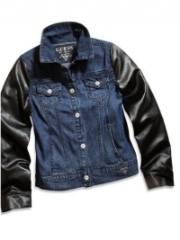 GUESS Kids Girls Big Girl Denim Jacket with Faux-Leather , INDIGO (7/8)