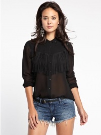 GUESS Long-Sleeve Western Fringe Shirt, JET BLACK (SMALL)