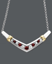 Shapely design with a bold touch of color. This v-shaped necklace features alternating, round-cut rubies (3/8 ct. t.w.) and white sapphires (3/8 ct. t.w.) in a polished sterling silver setting with 14k gold accents. Approximate length: 18 inches. Approximate drop: 1-1/2 inches.