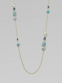 From the Rock Candy Collection. Teardrops, ovals and circles in rich shades of blue are set in gleaming gold and spaced on a long, delicate gold chain.Clear quartz, London blue topaz, amazonite and aquamarine18k yellow goldLength, about 37Lobster claspImported