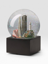 EXCLUSIVELY OURS. The San Francisco musical snowglobe features city scenes and landmarks, including: Golden Gate BridgeTransAmerica TowerSutter StreetCoit TowerCable carSan Francisco BaySaks Fifth AvenuePlays I Left My Heart In San Francisco6 highImported 