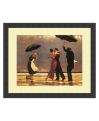 Jack Vettriano's distinctive and widely popular works conjure romantic, fanciful settings with 1920s-inspired motifs. This whimsical scene of singing and dancing in the rain is elegantly finished in a simple, satin black frame.