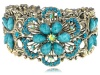 Vintage ish Faux Turquoise Bead Flower Dragonfly Rhinestone Bracelet Bangle Cuff