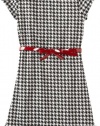 Sweet Heart Rose Girls 7-16 Short Sleeve Houndtooth Dress with Functional Red Belt, Black White, 14