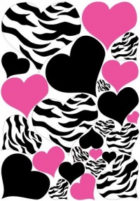 Zebra Print, Black and Hot Pink Heart Wall Stickers,decals, Graphics