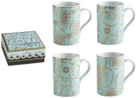 Rosanna Arabesque Assorted Designs Mugs, 24K Gold Accents, Set of 4