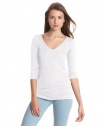 Michael Stars Women's Shine 3/4 Sleeve Double Front Vee Tee, White, One Size