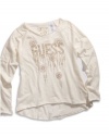 GUESS Kids Girls Big Girl Long-Sleeve Top with Glitter and Rhinestuds, CREAM (16)