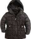 Steve Madden Girls Mixed Media Texture Quilted Hooded Puffer Jacket - Black Tweed (Size 4)