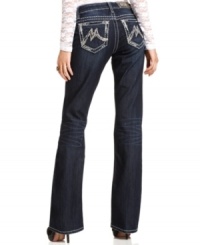 In a chic dark wash, these Miss Me bootcut jeans feature sequined embroidery for added glam!