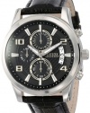 GUESS Men's U0076G1 Masculine Retro Dress Chronograph Black Brushed Crocodile-Grained Leather Strap Watch