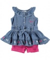 GUESS Kids Girls Ruffled Dress and Bike Shorts (0 - 9m), LIGHT STONEWASH (3/6M)