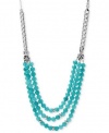 Fossil Necklace, 18 Silver-Tone Teal Bead Three-Row Necklace