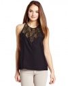 Parker Women's Rey Sleeveless Beaded Yoke Detail Top, Black, Small