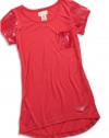 GUESS Kids Girls big girl short-sleeve top with sequin sleeves, CORAL (14)