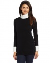 Magaschoni Women's 100% Cashmere Ribbed Collar and Cuff Tunic Sweater, Black/Snow,X-Small