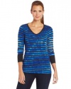 Calvin Klein Performance Women's Long Sleeve Tie Dye Stripe V-Neck Tee, Saltwater/Slate Heather, Medium