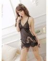 Lady's Sexy transparent Sleepwear Sexy Black Lingerie lace Tassels Back Babydoll Nightgown Underwear+ G-string